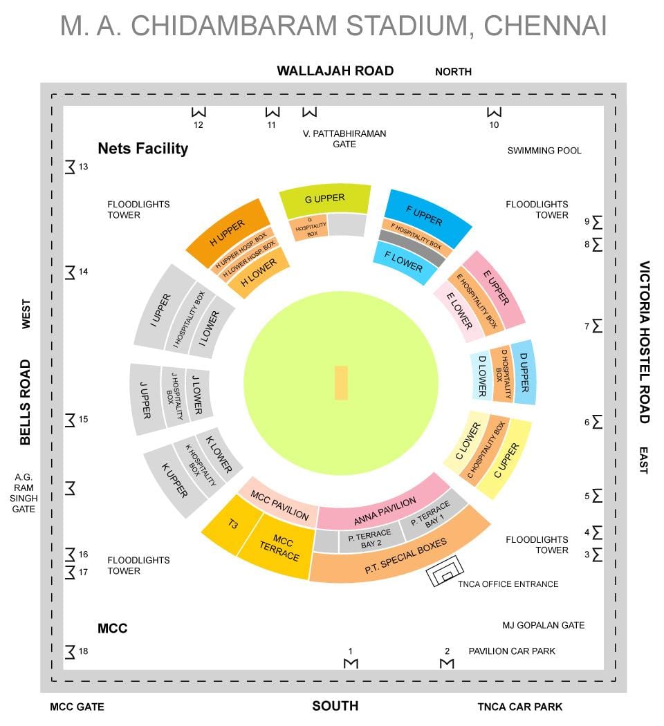 Chepauk stadionas stovi išdėstymo žemėlapis