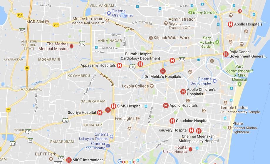 žemėlapis Chennai Ligoninės